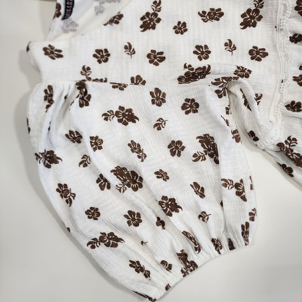 Mikarose Dress Floral Size M White/Brown Spring Tiered Cloud Dress Pockets Lace - Picture 5 of 12